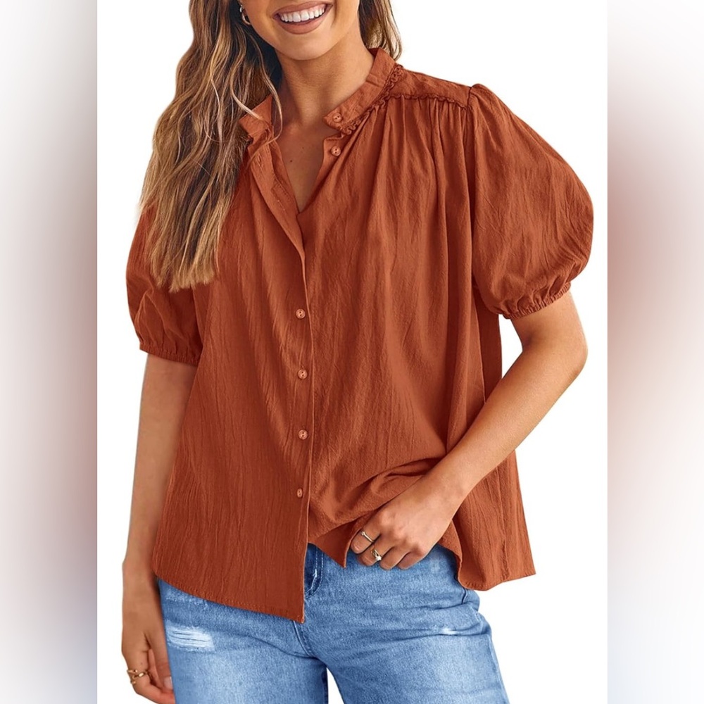 PRETTYGARDEN Button Up Burnt Orange Puff Sleeve Shirt Autumn Coastal Cowgirl - Picture 3 of 3